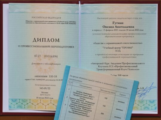 Сертификат Оксаны Гутман о прохождении обучения